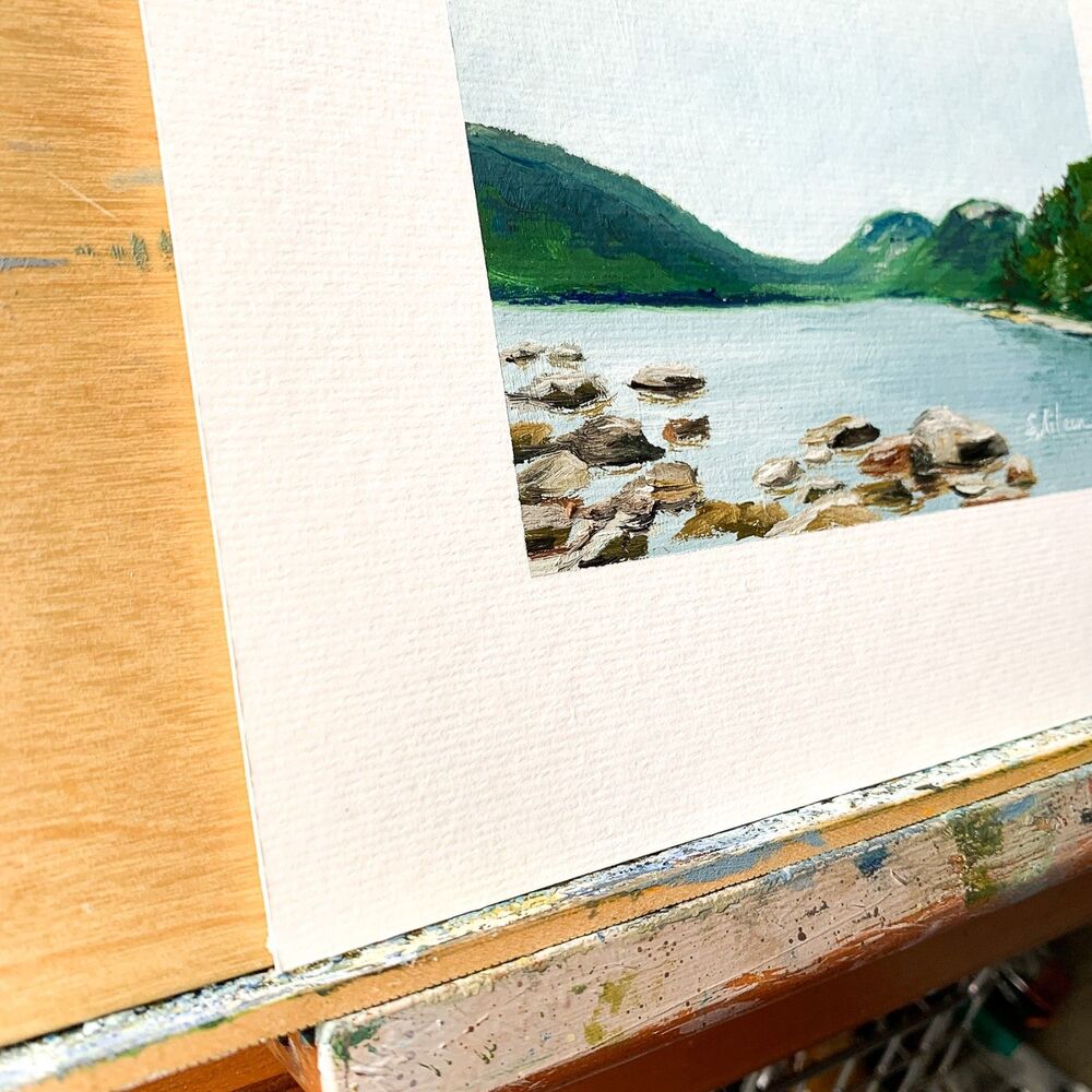 8x8 Maine Original Oil Painting Acadia Landscape Jordan Pond New England Signed - Picture 3 of 8